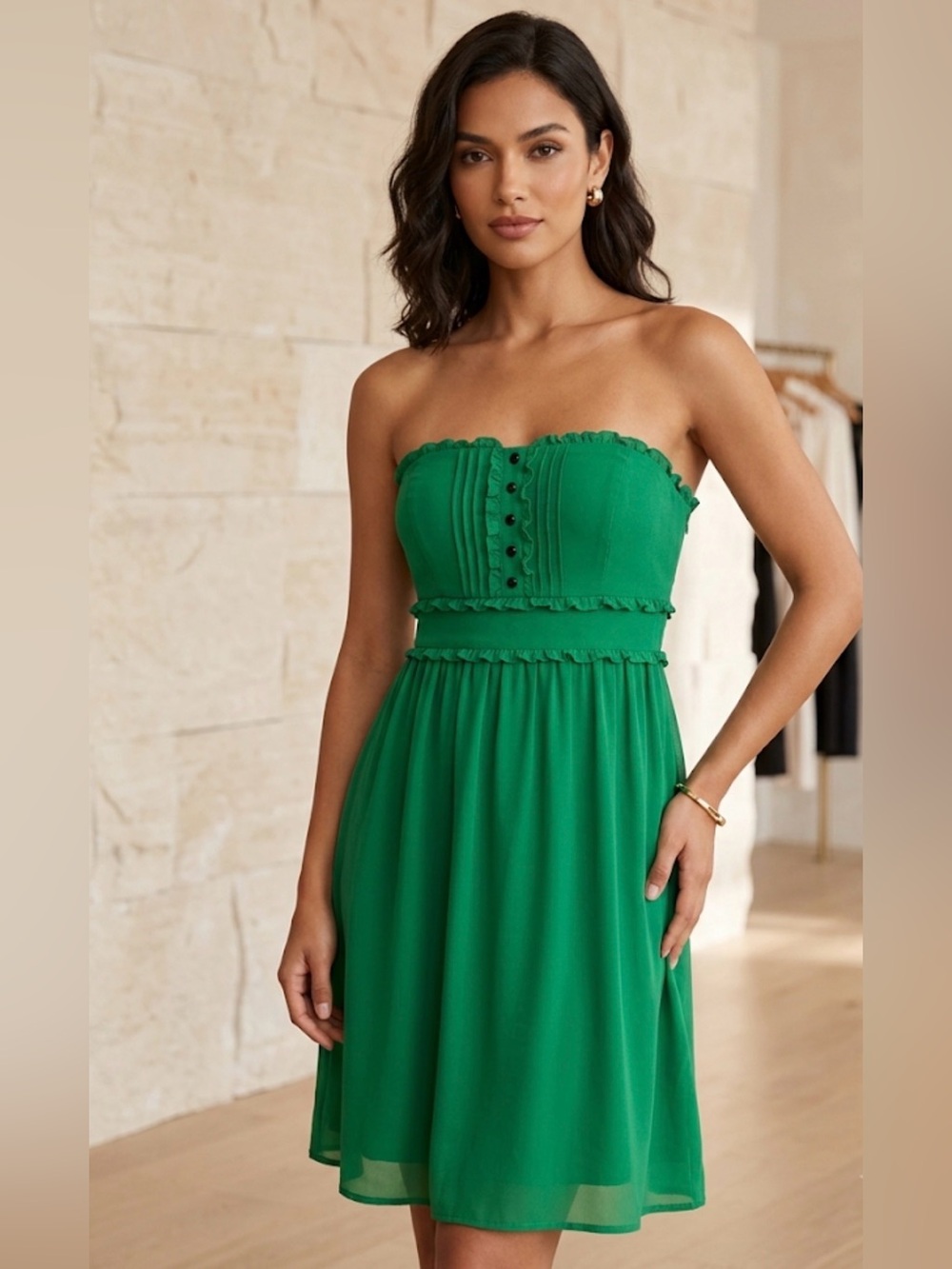 Anthropologie By Moulinette Soeurs Strapless Green Ruffled Midi Dress